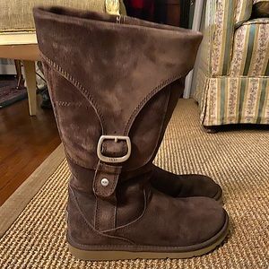 Brown UGGs with multicolored zipper